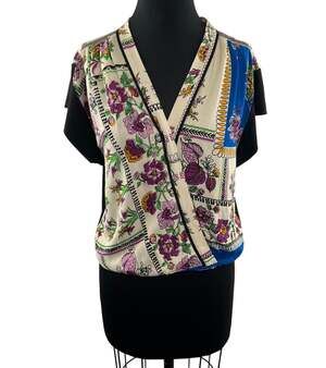 Anthropologie TINY Cara Faux Wrap Top Mixed Floral Print Blouse Short Sleeves XS